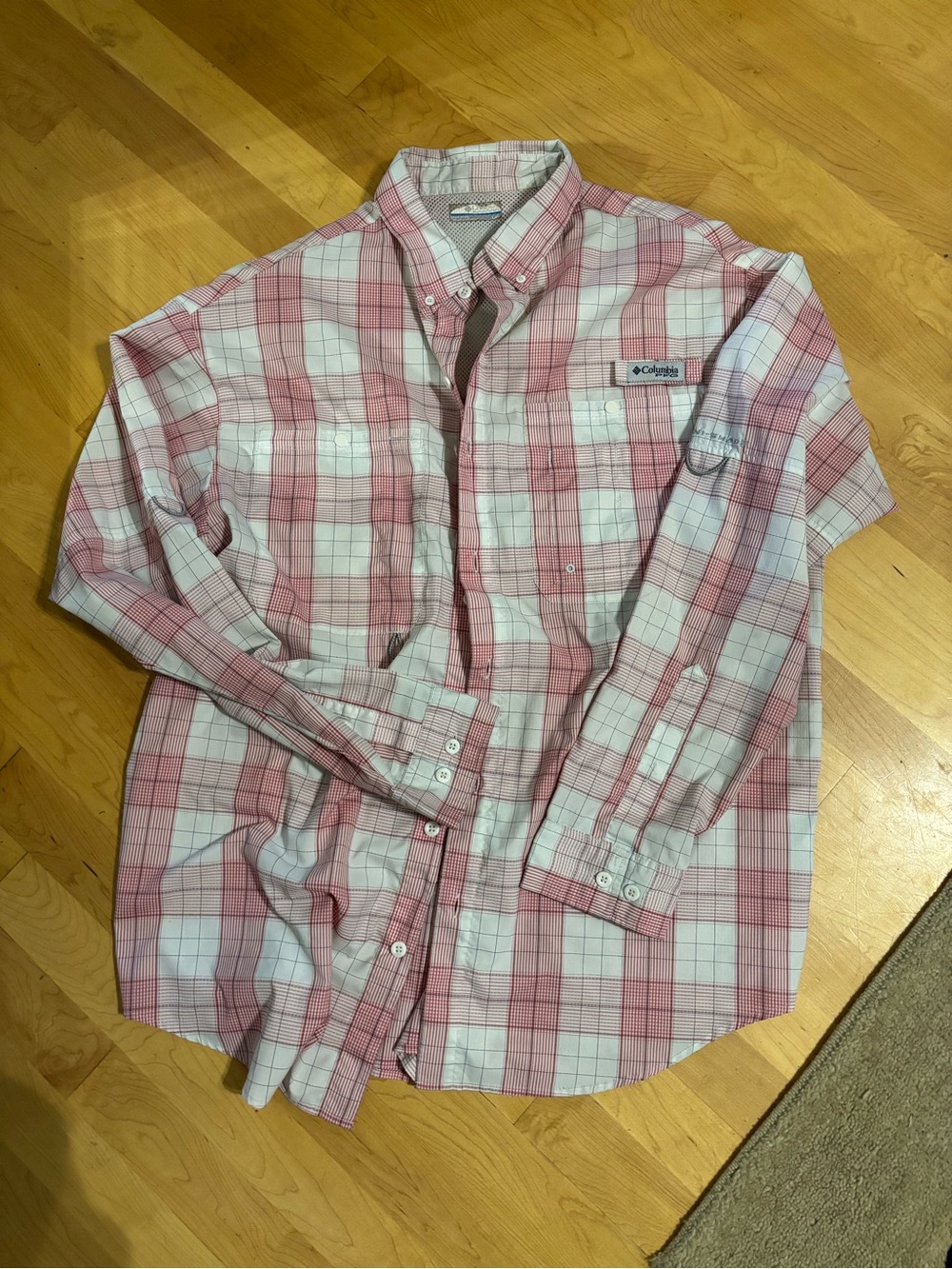 Columbia Men's red/pink Plaid Button-Up Shirt Sz L fishing & outdoor UV shirt